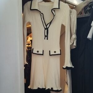 Cream Ribbed Knit Long-Sleeve Fit & Flare Dress with Contrast Trim